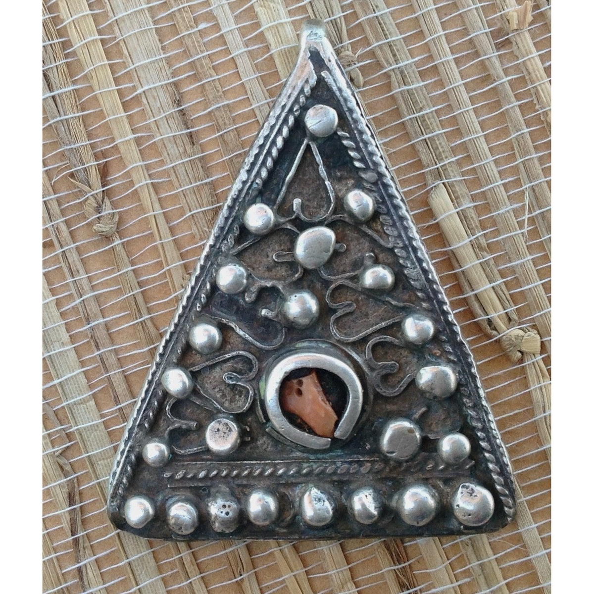 Exquisite Antique Silver and Coral Triangular Decorated Temporal Pendant from Tunisia - P570