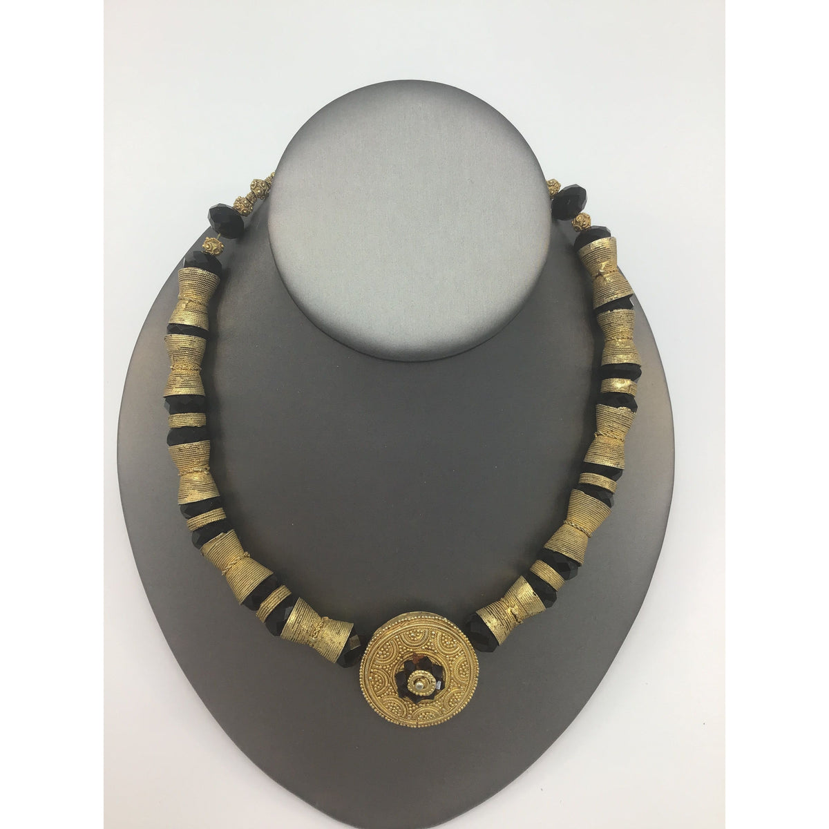 Gilded Gold-Plated Gold with Black Glass Necklace from Senegal - Rita Okrent Collection (NE480)