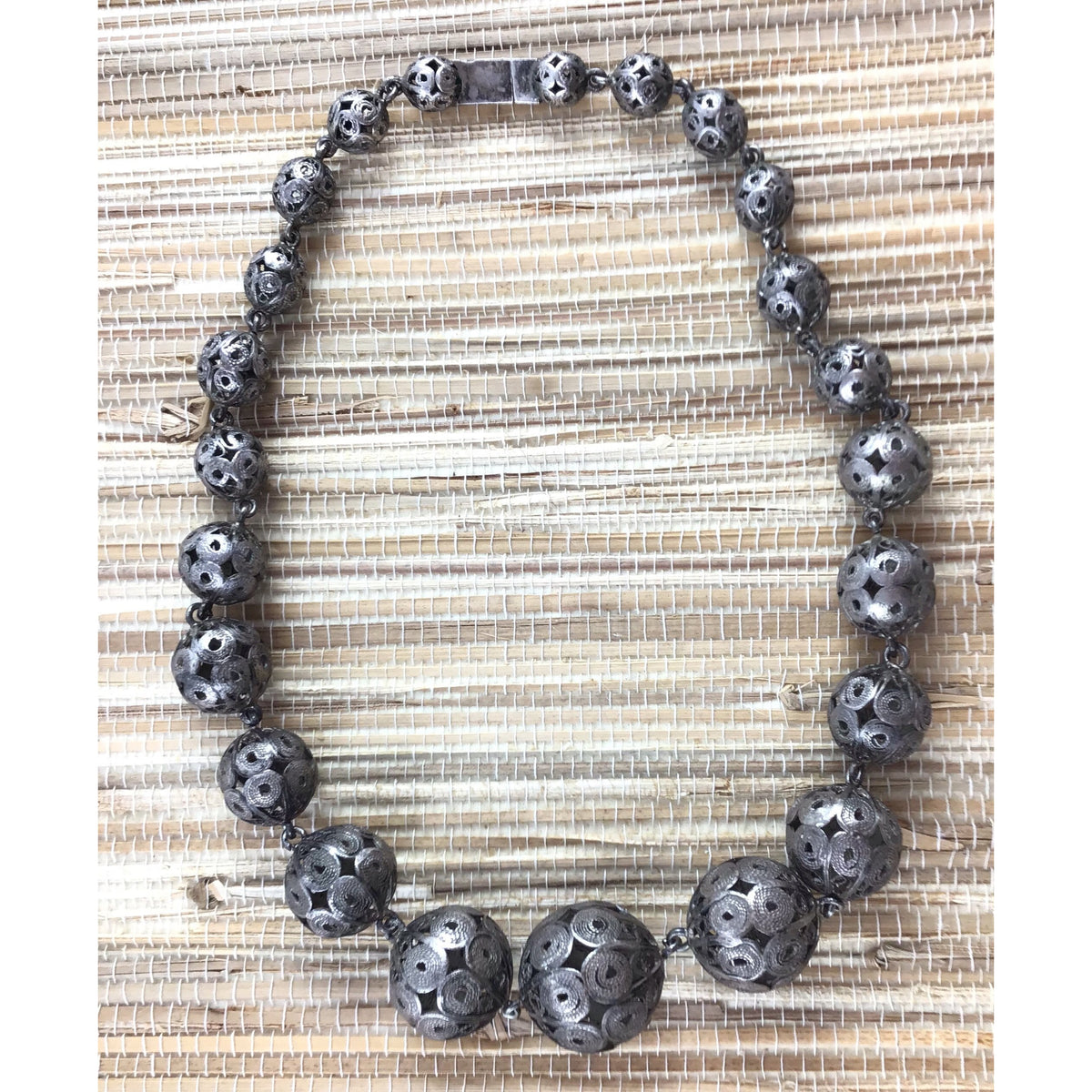 Ethnic Old Silver Graduated Filigree Beaded Choker Necklace, Turkey, Malta or Balkans - Rita Okrent Collection (NE110)