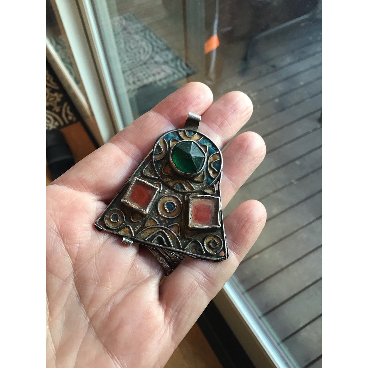 Enameled Berber Silver Pendant with Glass Insets, Morocco - Rita Okrent Collection (P569)