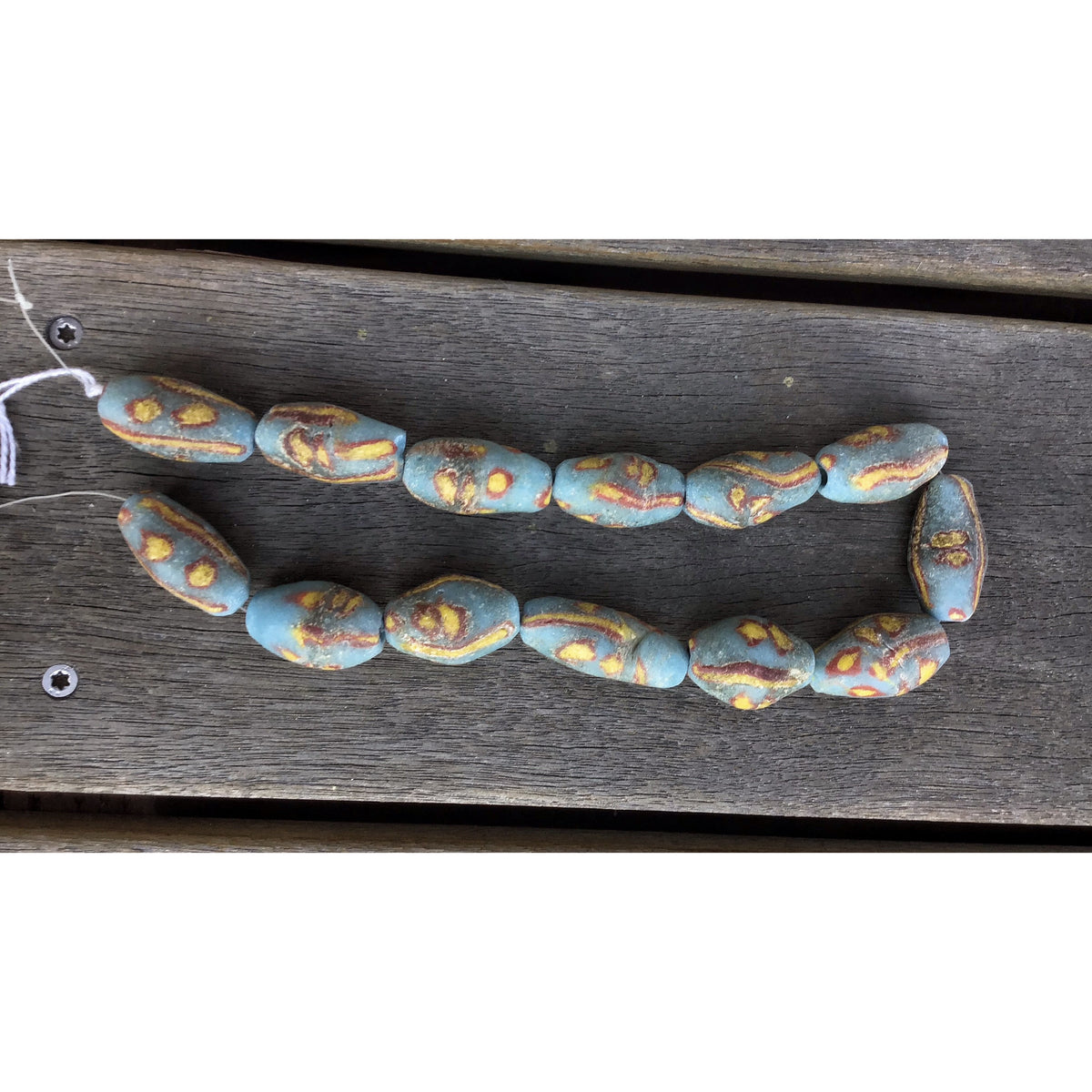 Vintage Blue, Yellow and Red Krobo Powder Glass Bicone Beads, Ghana - Rita Okrent Collection (AT0748)