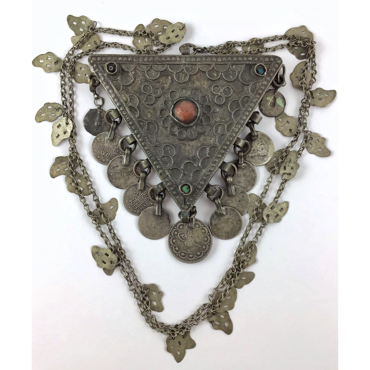 Antique Kurdish Decorated Silver Triangular Box Pendant with Hanging Coins and Carnelian Stone Setting on Chain, Anatolia - Rita Okrent Collection (NE425)