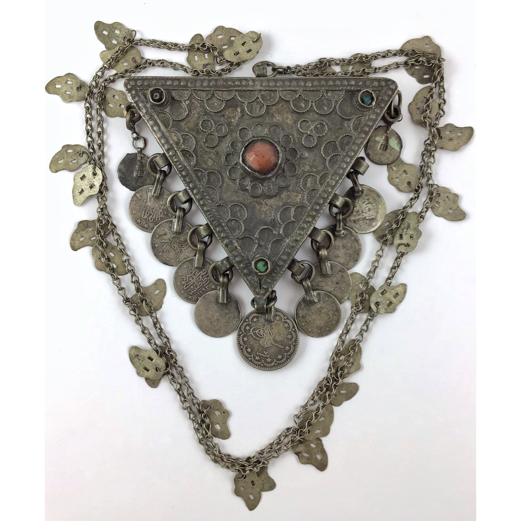 Antique Kurdish Decorated Silver Triangular Box Pendant with 