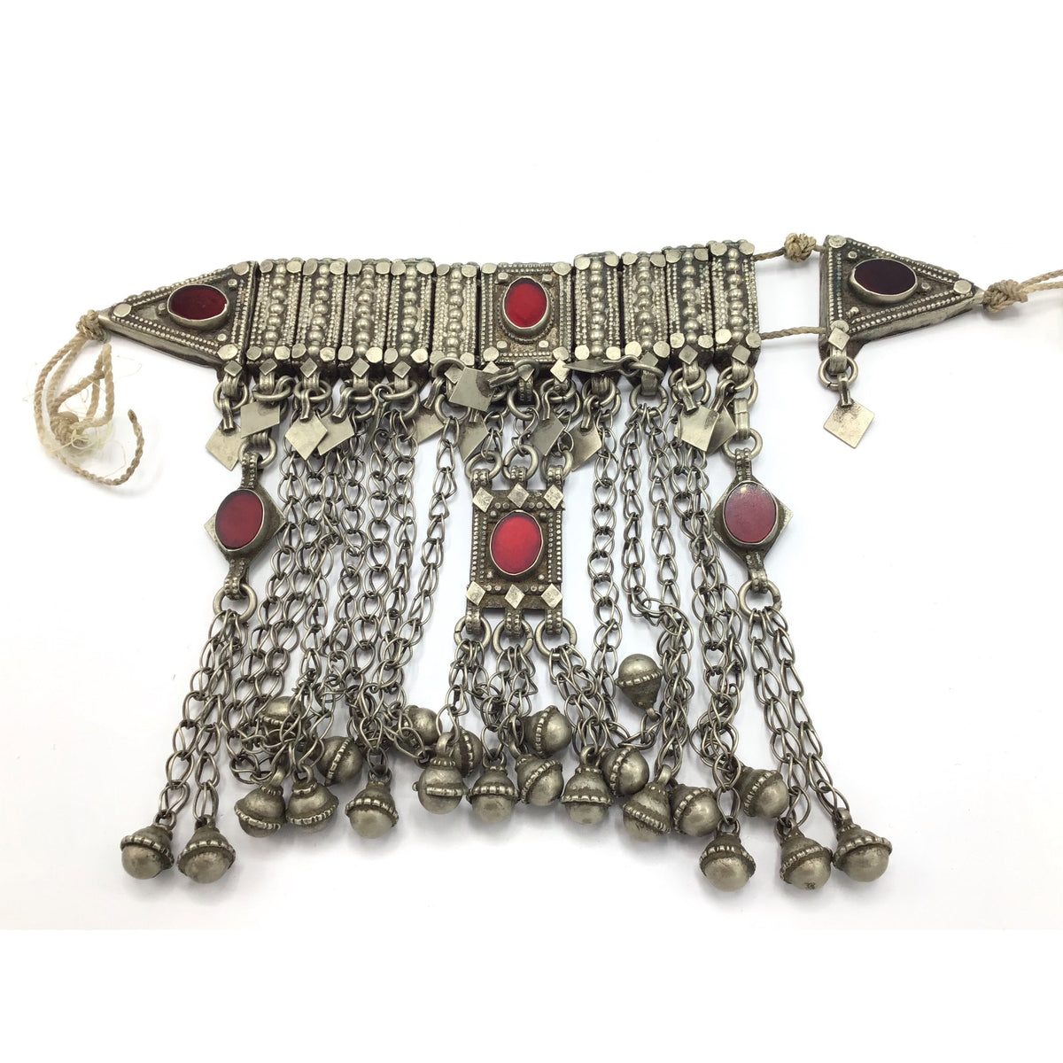 Traditional Yemeni Silver Bridal Wedding Necklace or Headdress with Red Glass Settings and Dangles - Rita Okrent Collection (C689)