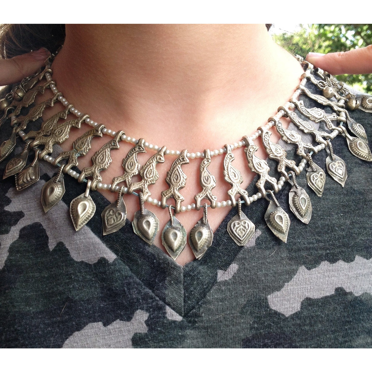 Siwa Oasis Egyptian Coin Silver and Faux Pearl Choker Necklace - C446