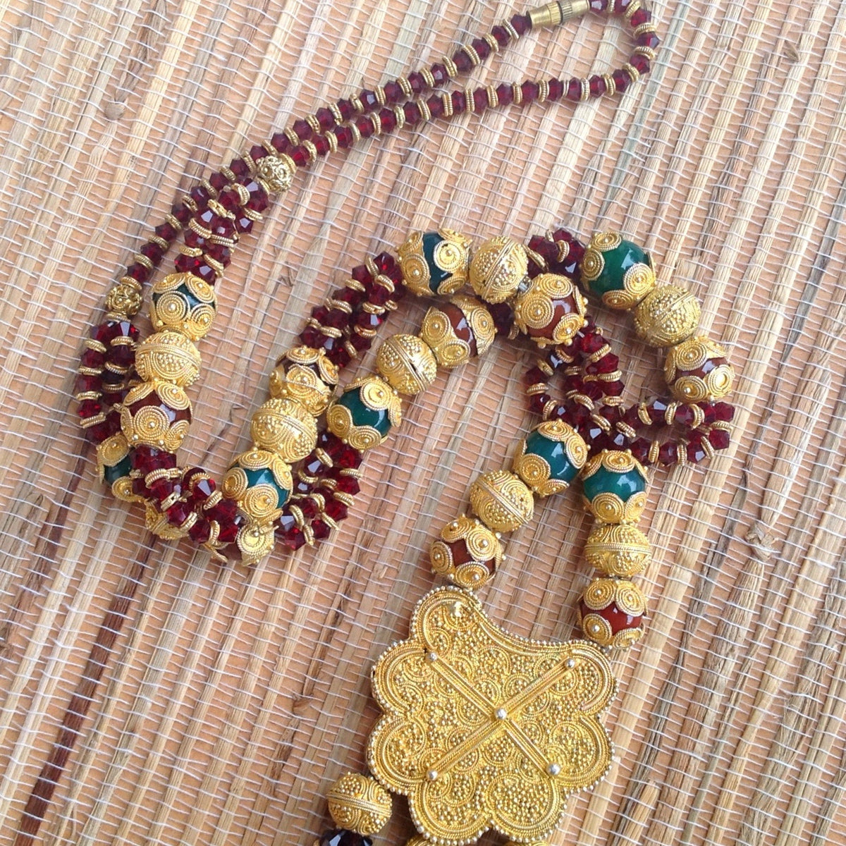 Mauritanian Traditional Bridal Necklace and Earring Set, with Gold-Washed Pendants, Beads and Bead Caps