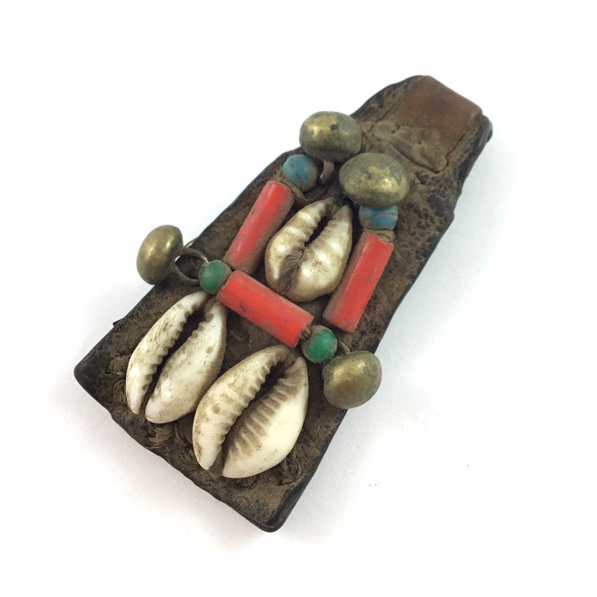 Harratine Gris Gris Leather Protective Amulet with Shells, Beads and Brass, Morocco - Rita Okrent Collection (P564b)