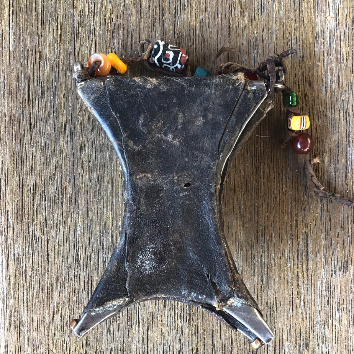 Tuareg Kitab Tcherot Silver and Leather Double Amulet, with Raised Silver Buttons and Decorative Beads, Mauritania - Rita Okrent Collection (P642p)