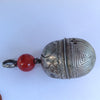 Antique Hanging Engraved Silver Bell Pendant, with Carnelian Glass Bead, China - Rita Okrent Collection (P564)