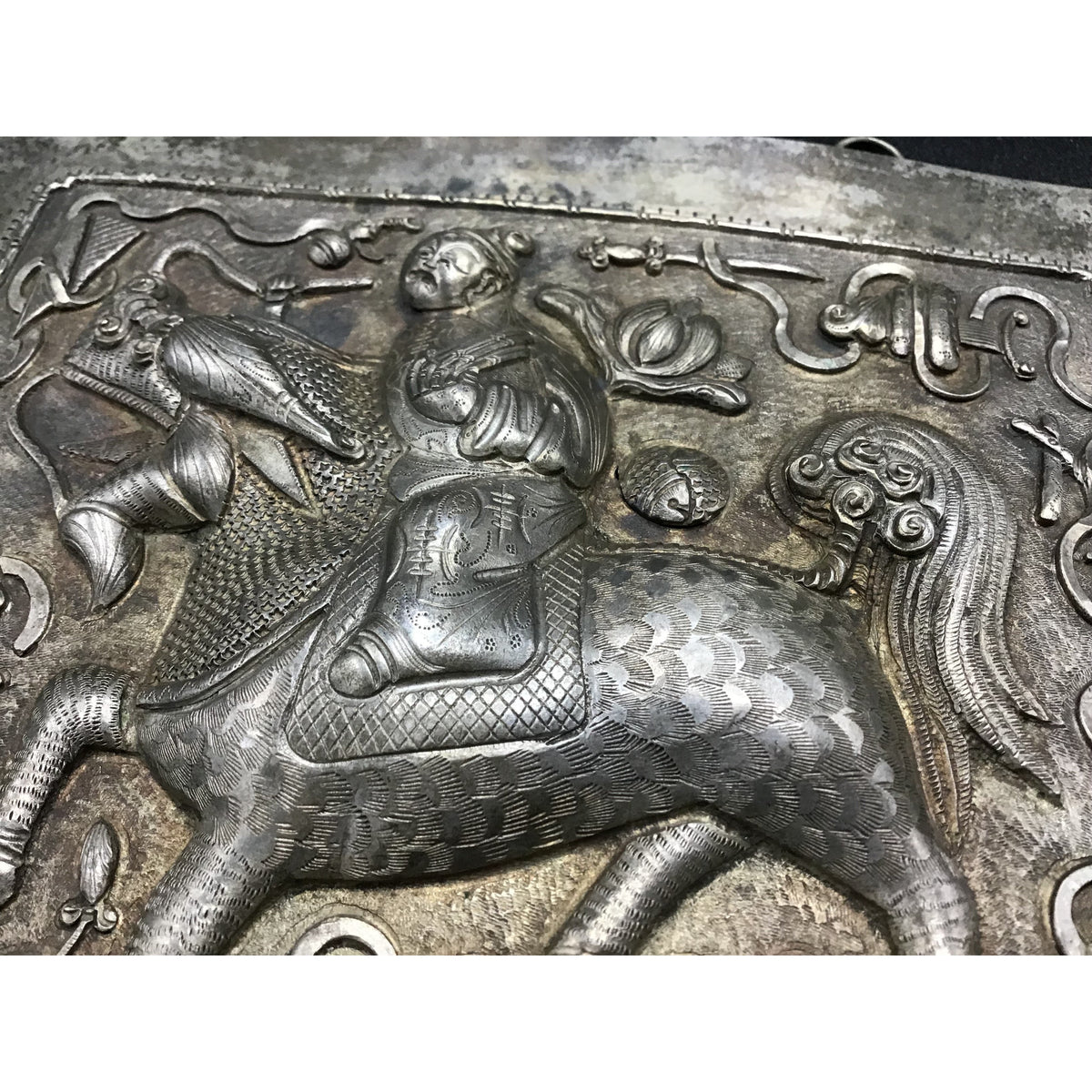 Antique Chinese Repousse Silver Plaque with Warrior on Decorated Horse - Rita Okrent Collection (C180)