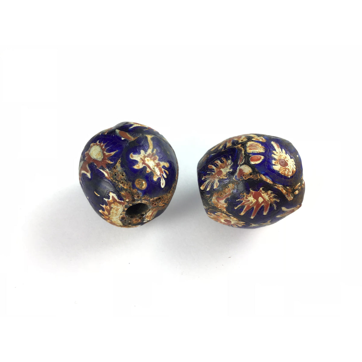 Deep Blue Large Java Glass Beads Hand Decorated with Venetian Chevron Bead Fragments - Rita Okrent Collection (C458)