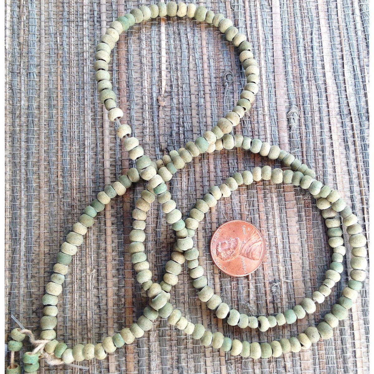 Rare Green-Hued Beige Antique Small Round Glass Excavated Beads, Europe via Mali - ANT321