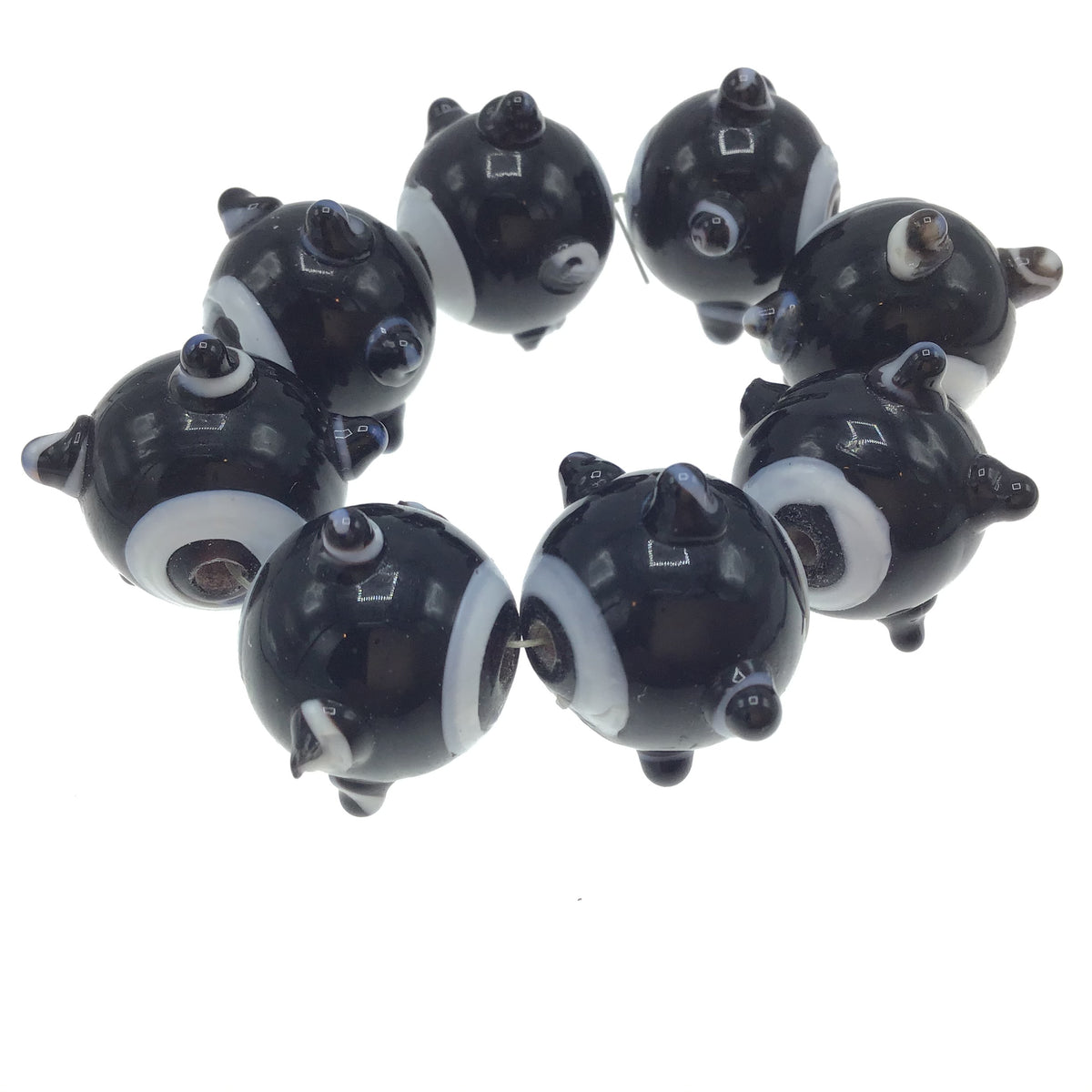 Black and White Matched Glass Art Beads, with Raised Eyes - Rita Okrent Collection (C326b)