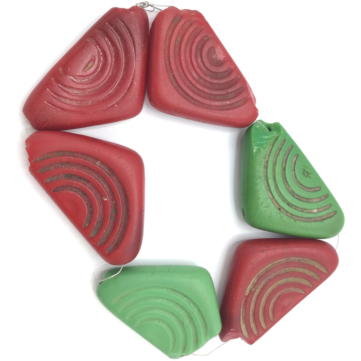 Czech Molded Glass Triangular Conus Shell Glass Beads, in Red and Green, Bohemia - Rita Okrent Collection (C564)