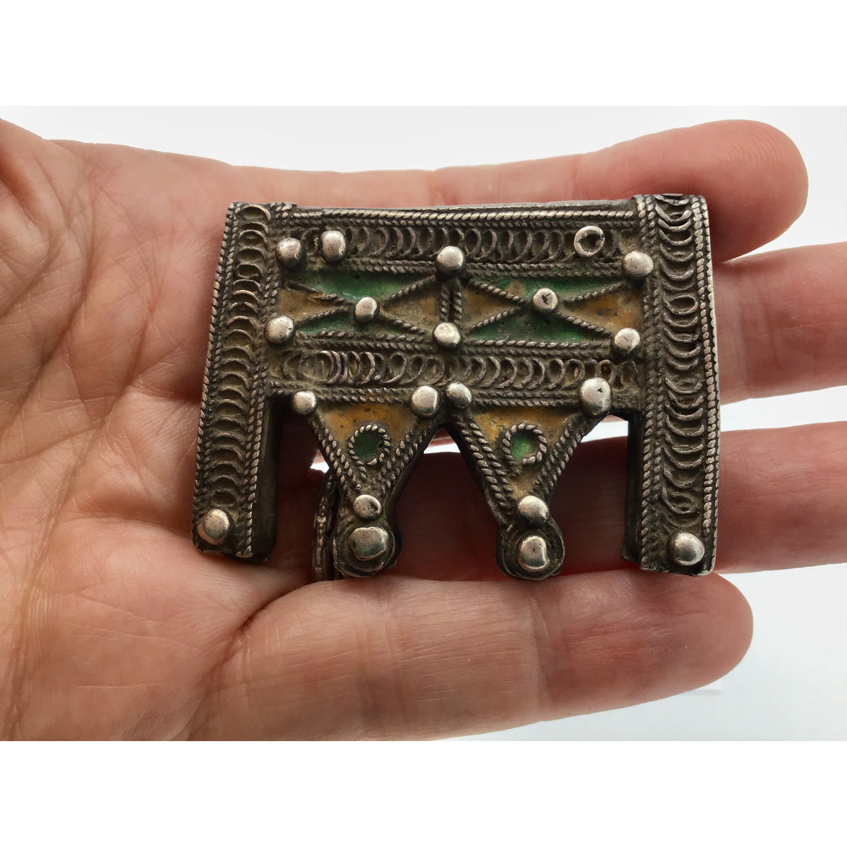 Enameled Green and Orange Berber Silver Protective Hirz Box Amulet, Morocco - Rita Okrent Collection (P719)