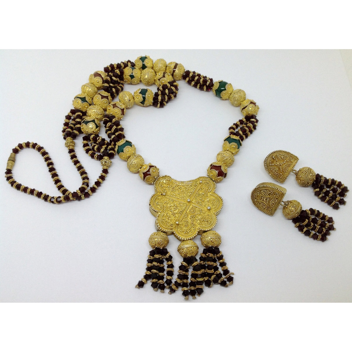 Mauritanian Traditional Bridal Necklace and Earring Set, with Gold-Washed Pendants, Beads and Bead Caps