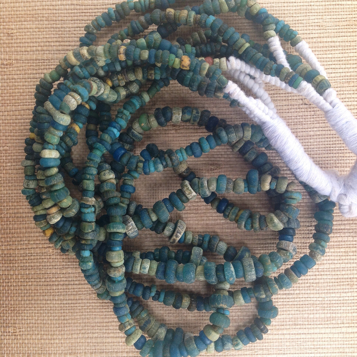 Very Blue and Faded Green Antique Medium Nila Dardig beads, Mali, 24 inch Strand - Rita Okrent Collection (AT0660)