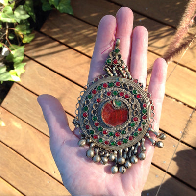 Antique Circular Kuchi Afghani Pendant with Red and Green Settings and Dangles - Rita Okrent Collectinon (P109)