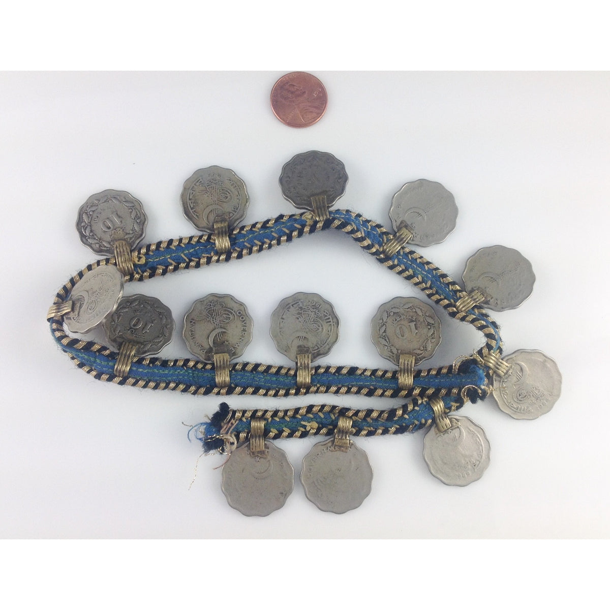 Large Vintage Tribal Coin Silver Coin Pendants on Old Textile - P241b