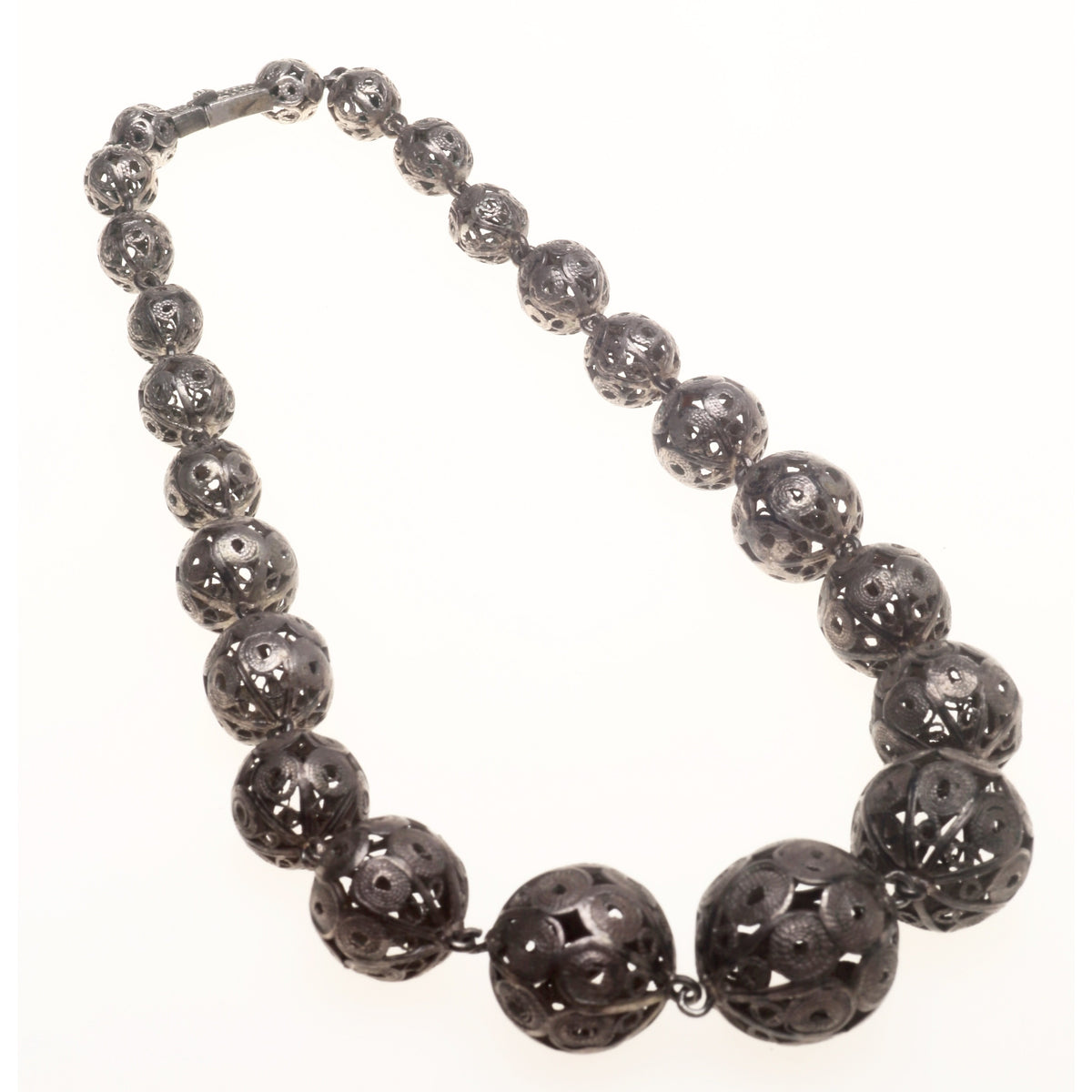 Ethnic Old Silver Graduated Filigree Beaded Choker Necklace, Turkey, Malta or Balkans - Rita Okrent Collection (NE110)