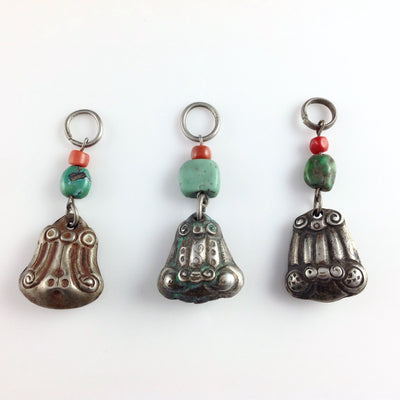 Antique Qing Dynasty Chinese Silver, Turquoise and Coral Bell Amulets - Rita Okrent Collection (P606)