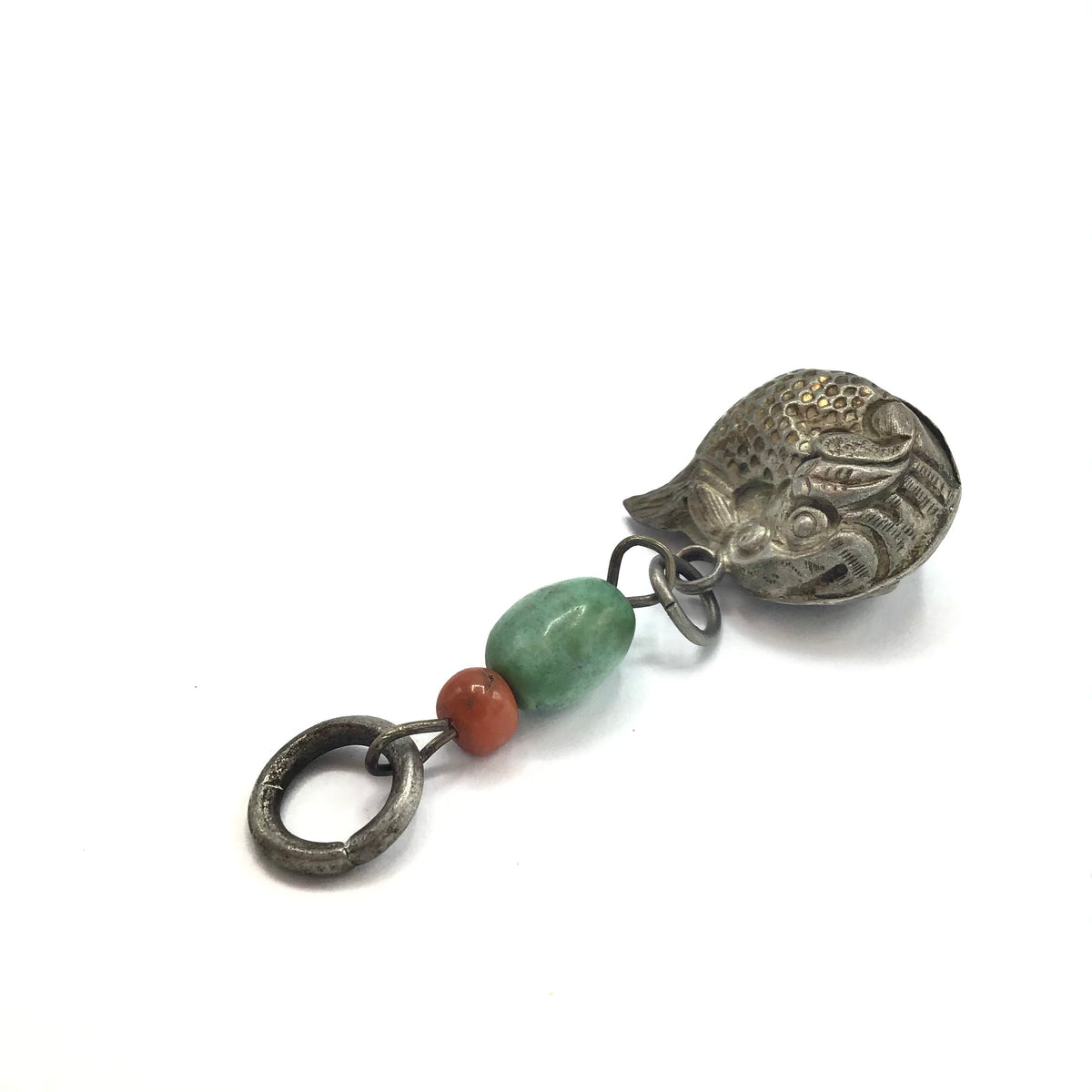 Antique Qing Dynasty Chinese Silver, Turquoise and Coral Bell Amulets - Rita Okrent Collection (P606b)