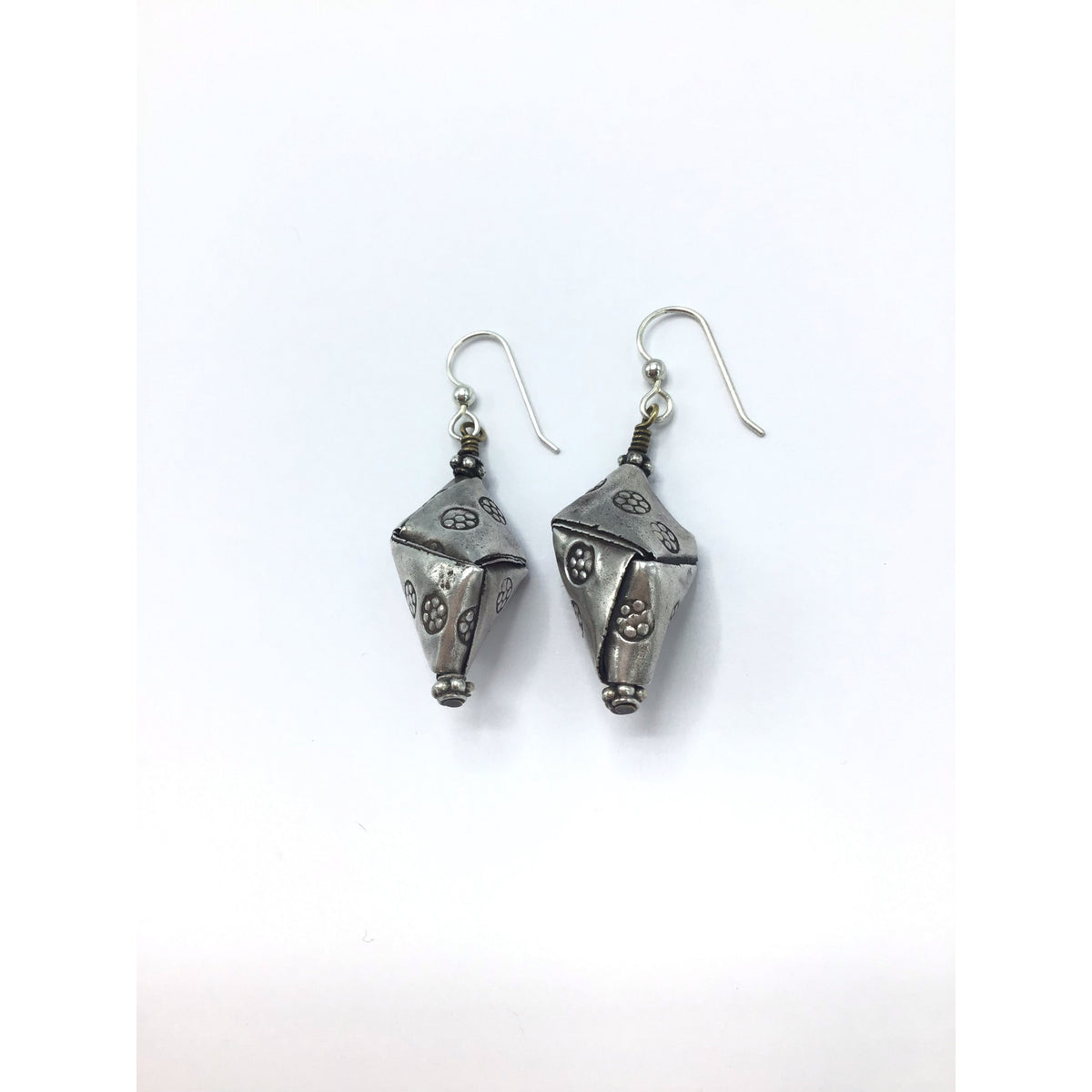 Thai Keren Hill Tribe Stamped Silver Kite-Shaped Beaded Hanging Earrings - Rita Okrent Collection (E357)