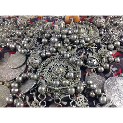 Spectacular Old Yemeni Bedouin Textile with Silver Pendants and Coins and Amber Beads - C516