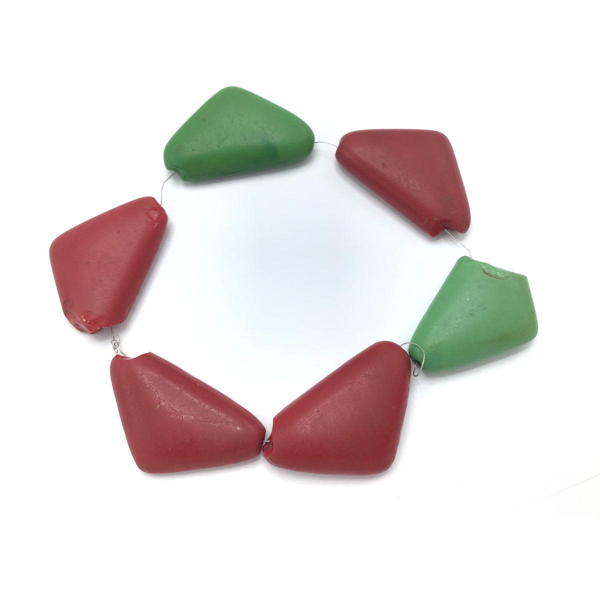 Czech Molded Glass Triangular Conus Shell Glass Beads, in Red and Green, Bohemia - Rita Okrent Collection (C564)