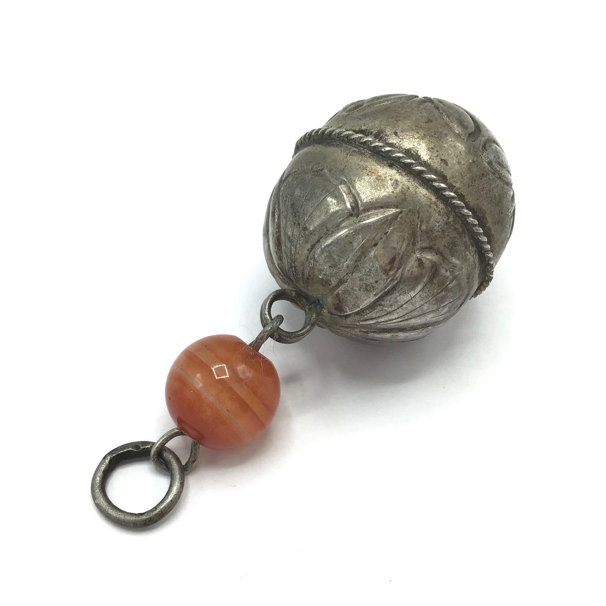 Antique Qing Dynasty Hanging Etched Ornamental Silver Bell Pendant, with Carnelian Glass Bead - Rita Okrent Collection (P564b)