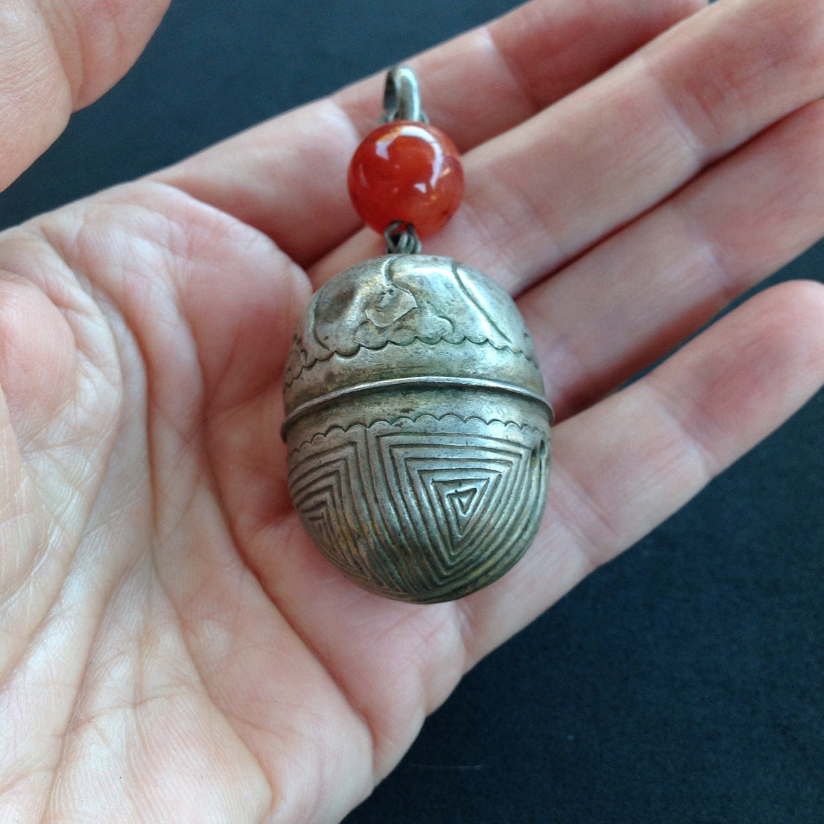 Antique Hanging Engraved Silver Bell Pendant, with Carnelian Glass Bead, China - Rita Okrent Collection (P564)