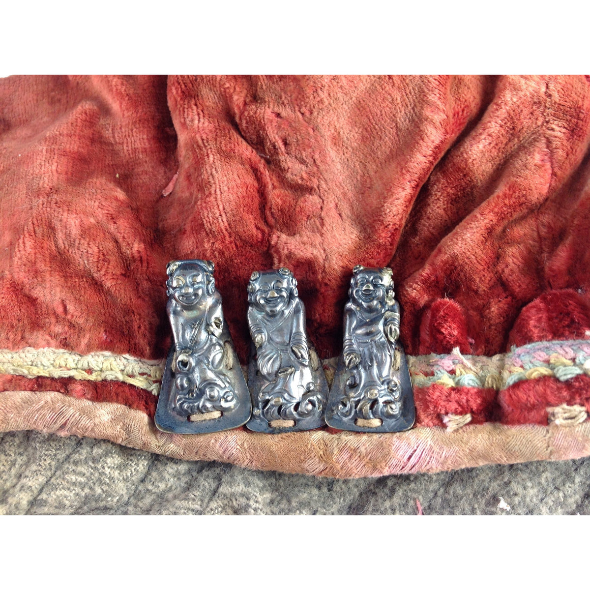 Red Orange Velvet Tiger Hat, Mainland China with 3 Silver Amulets - Rita Okrent Collection (AA025)