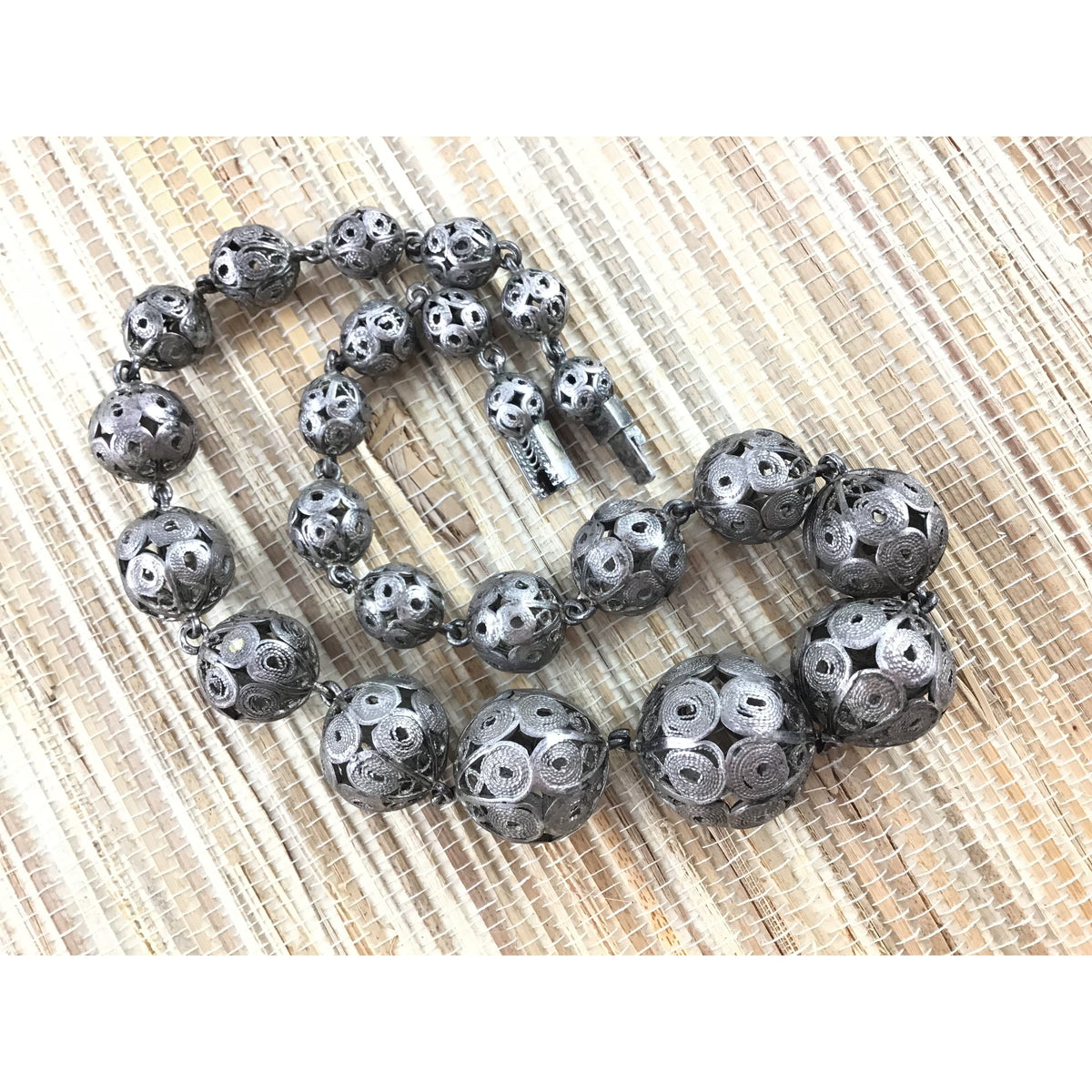 Ethnic Old Silver Graduated Filigree Beaded Choker Necklace, Turkey, Malta or Balkans - Rita Okrent Collection (NE110)