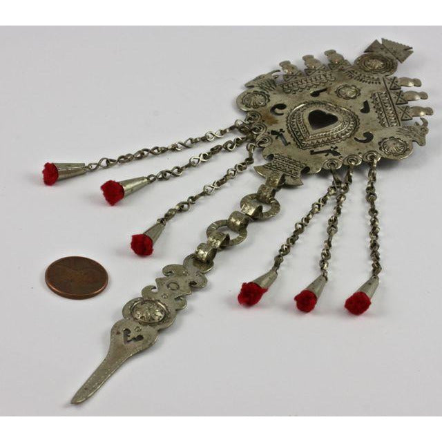 Long Silver Hanging Pendant with Red Yarn Dangles, Old - P108