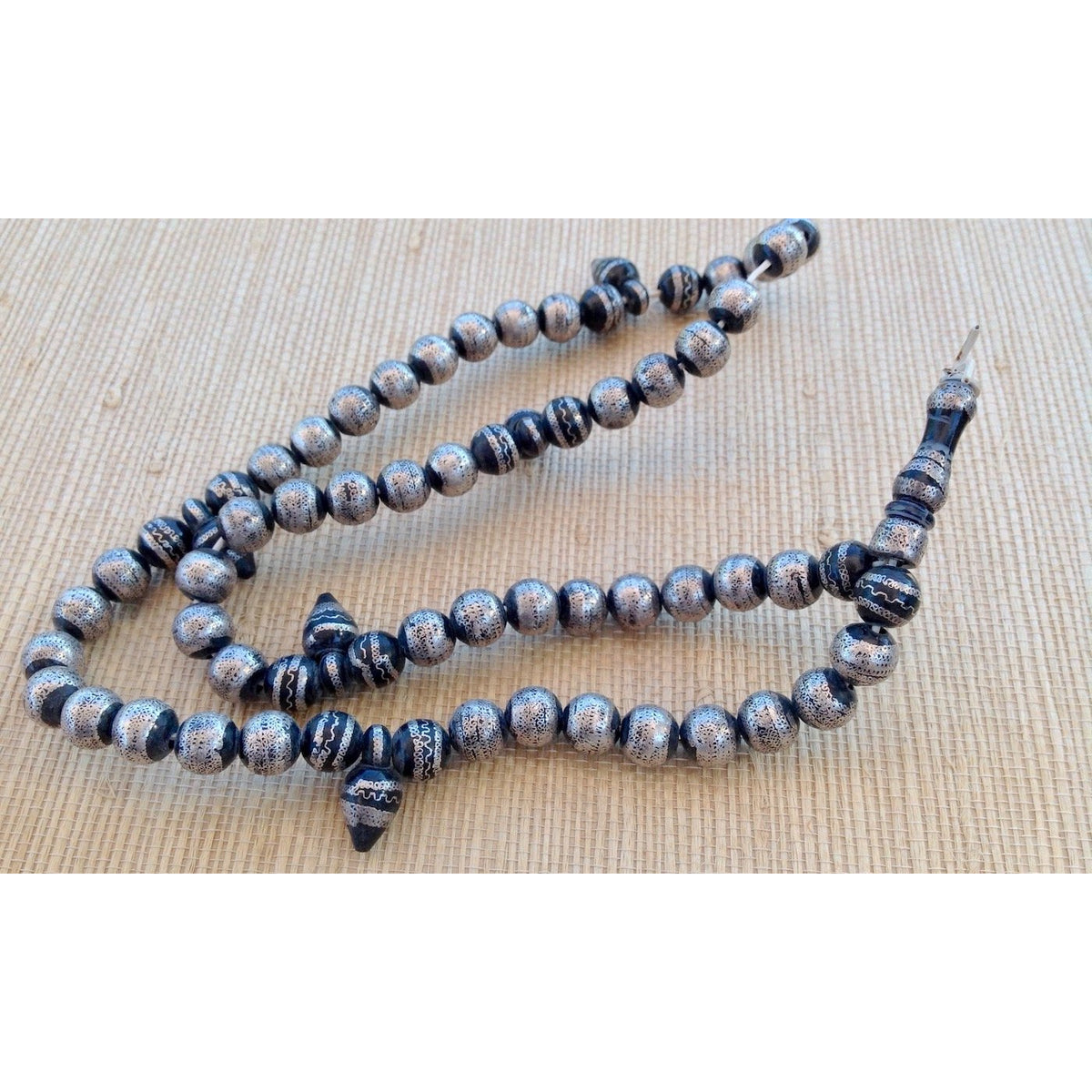 Old Mauritanian Ebony and Silver Prayer Beads with Fine Silver Work, Focal Pendant and 5 Drop Pendants - ANT299