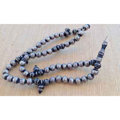 Old Mauritanian Ebony and Silver Prayer Beads with Fine Silver Work, Focal Pendant and 5 Drop Pendants - ANT299