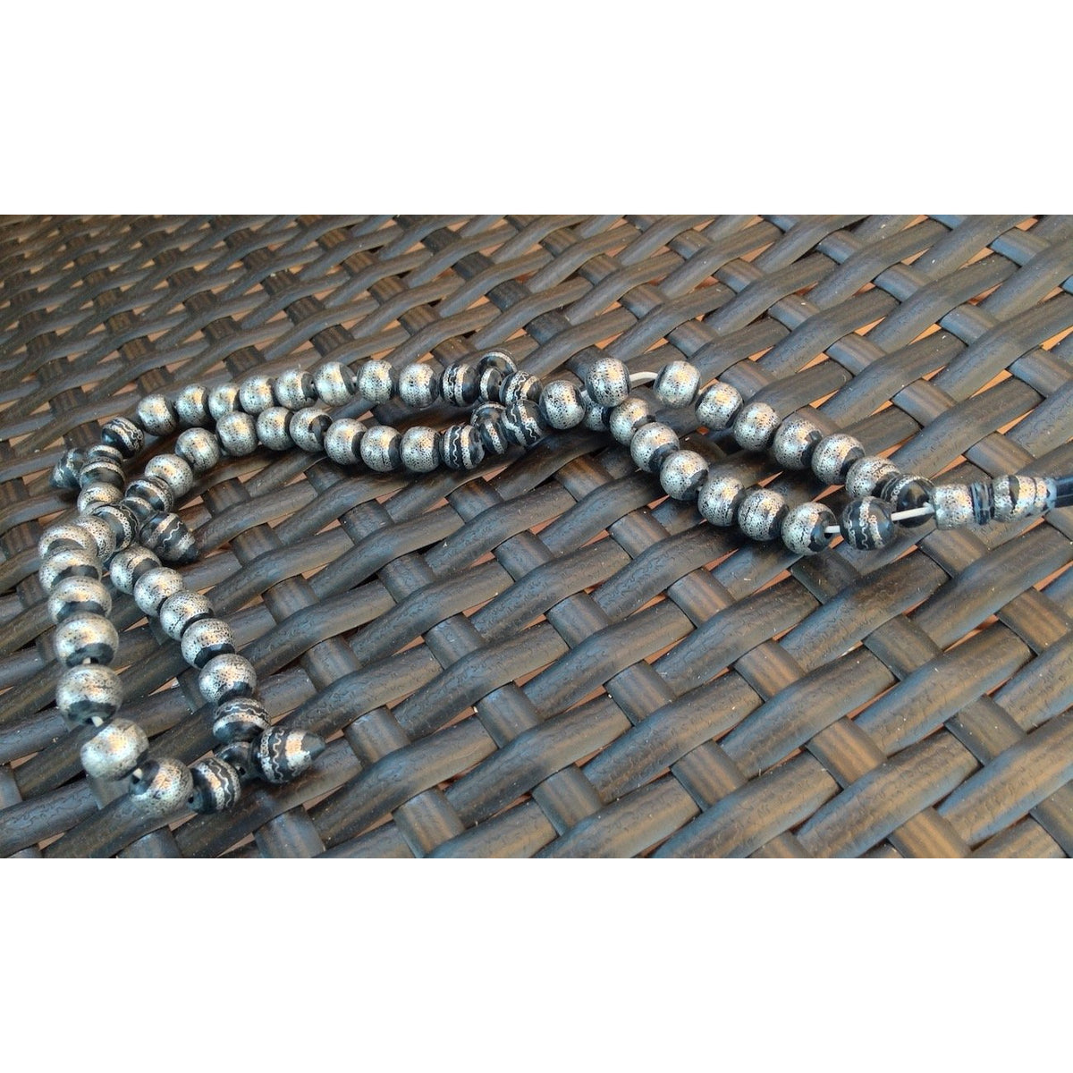 Old Mauritanian Ebony and Silver Prayer Beads with Fine Silver Work, Focal Pendant and 5 Drop Pendants - ANT299