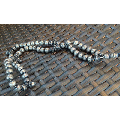 Old Mauritanian Ebony and Silver Prayer Beads with Fine Silver Work, Focal Pendant and 5 Drop Pendants - ANT299