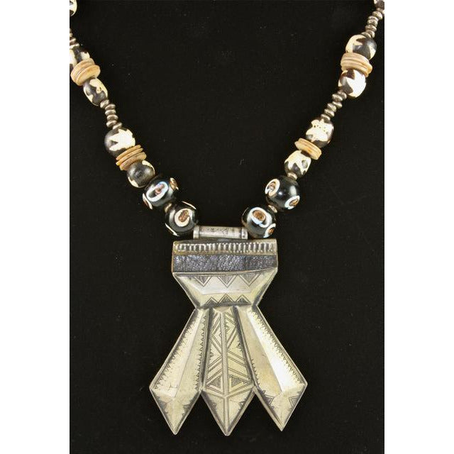 African Tribal Silver, Heishi Beads and Batik Cloth Bead Necklace with Morocccan