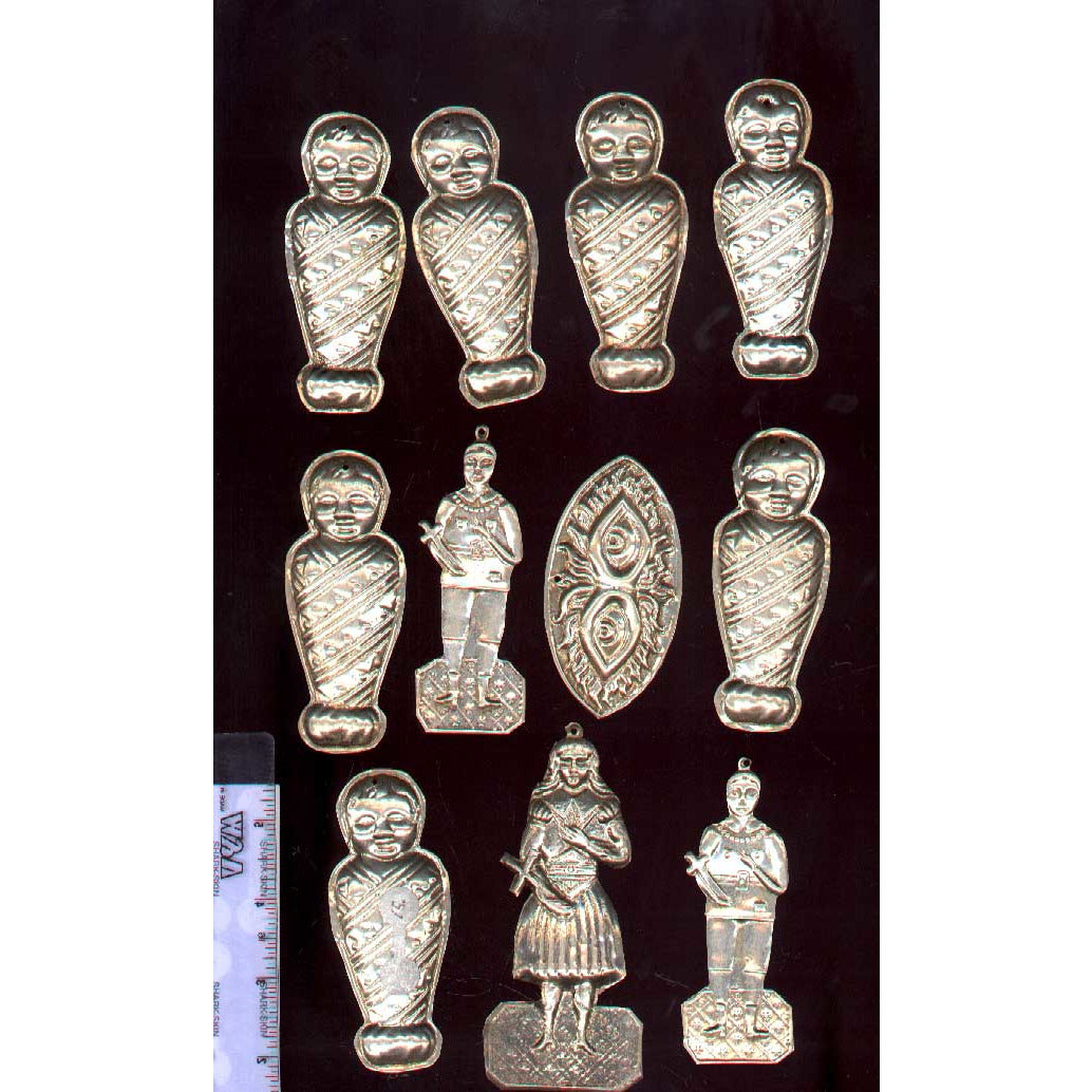 Silver milagros/ex-votive figures, top row