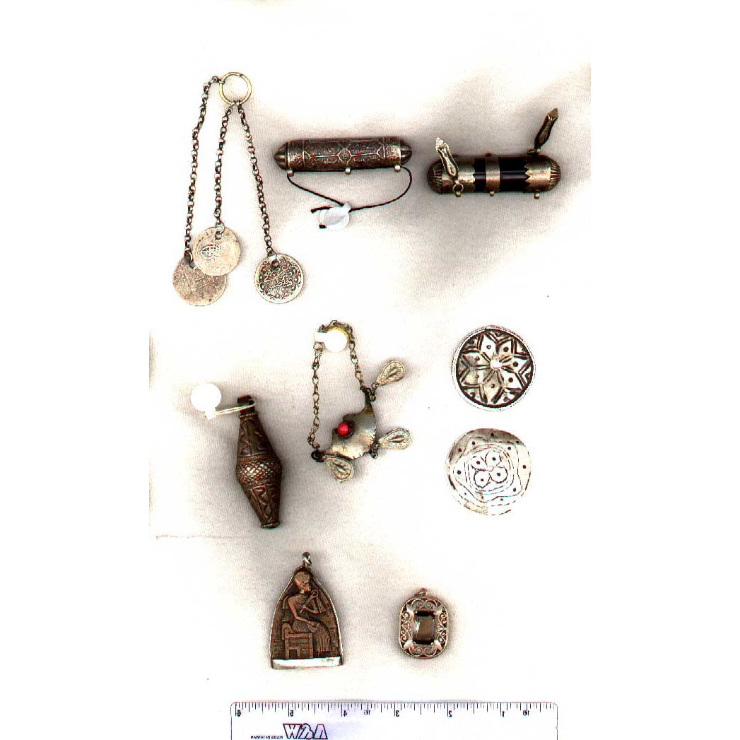 Metal bead and hanging pendant, Egypt (group of 2)