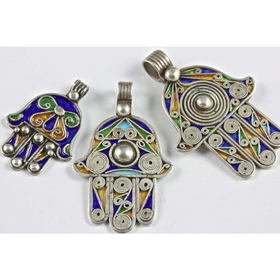 Berber Enameled Silver Hamsas, Group of 3, Morocco 