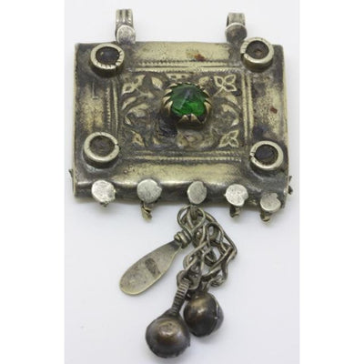 Old Silver Kuchi Pendant, with Green Glass Cabachon, Afghanistan
