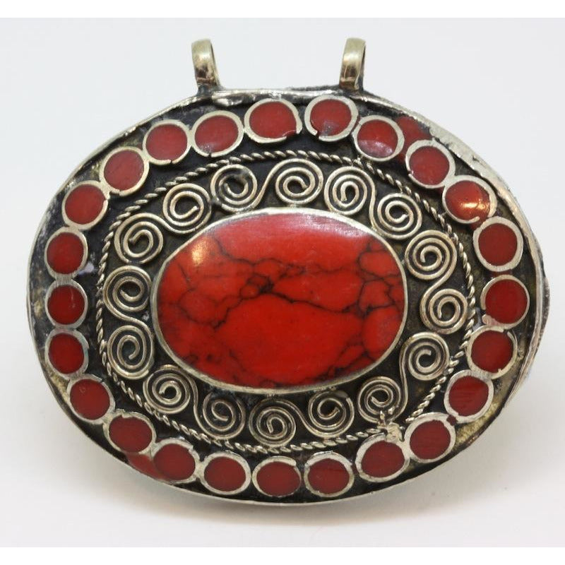 Turkoman Traditional Silver Pendant with Coral Stones