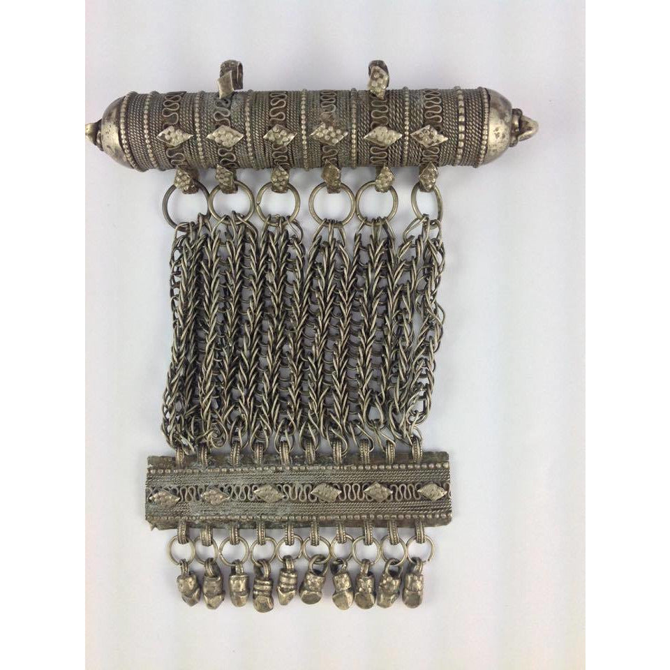 Yemeni Saada Silver Hirz Amulet with Chains, Dangles and Hanging Rectangular Pendant - C506
